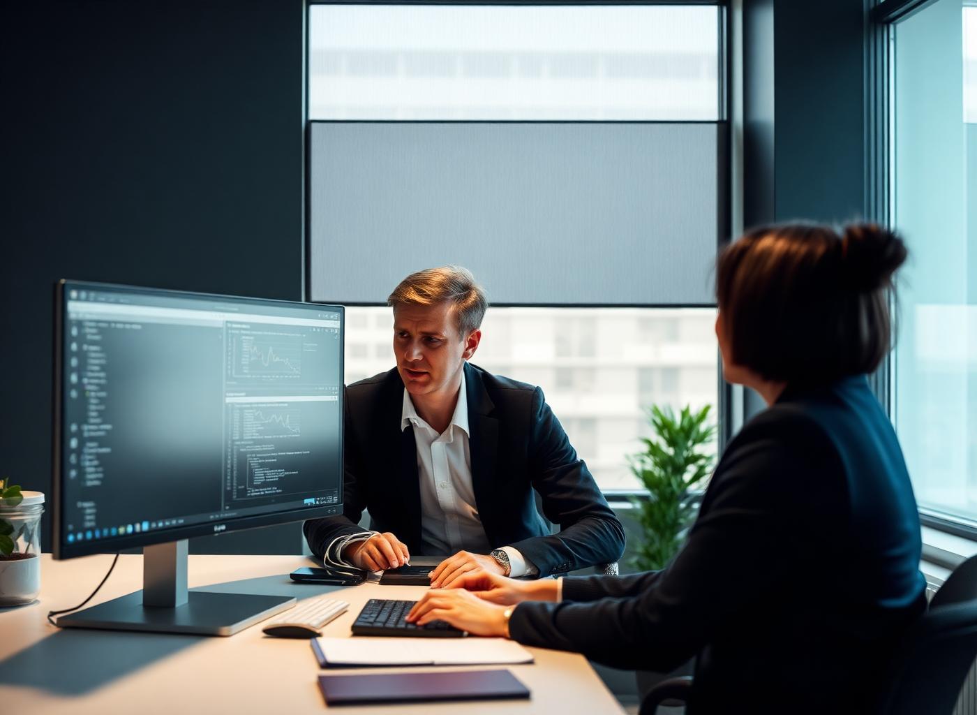Recruitment operations team reviewing workforce data on a monitor