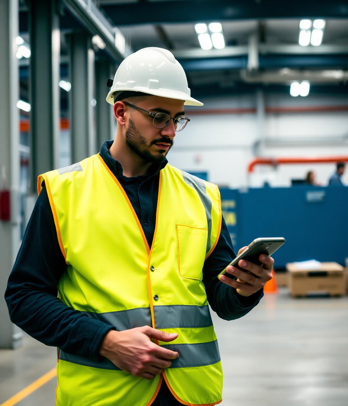 Worker reviewing pay information on a smartphone in a UK industrial workplace